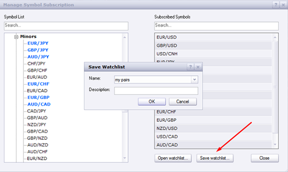 This is an image showing how to save a watchlist from the manage symbol subscription window