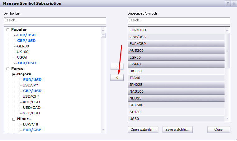 This is an image showing how to unsubscribe from subscribed symbols in the Manage symbol subscription menu in Trading Station